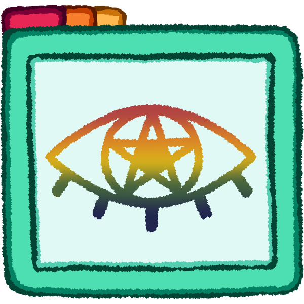 A bright teal folder with an outline of an eye in rainbow. The pupil has a star symbol in the middle.
